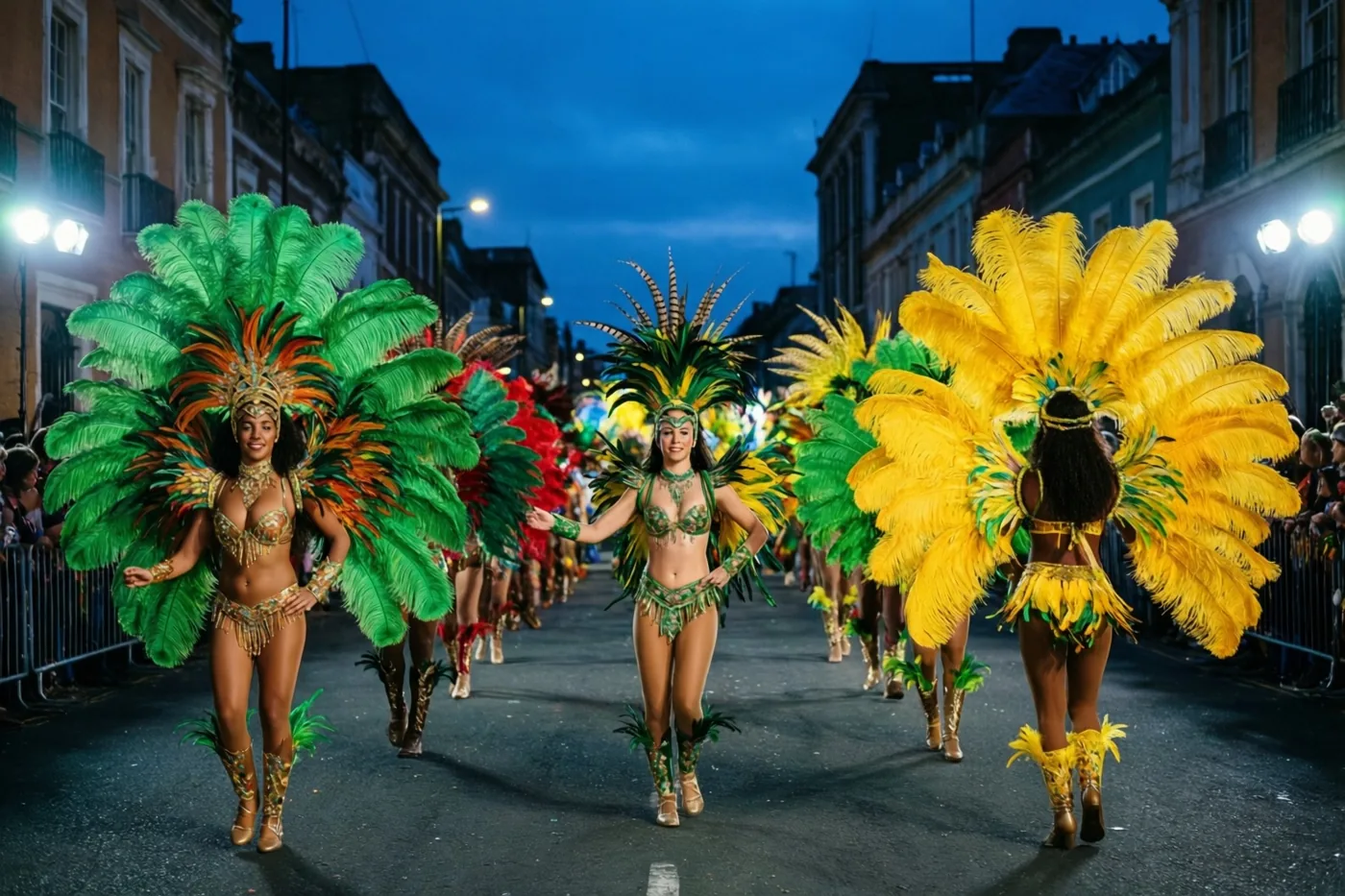 Dansers in groene, gele en oranje verenkostuums treden bij schemering op in een straat met gebouwen, terwijl toeschouwers achter hekken kijken.