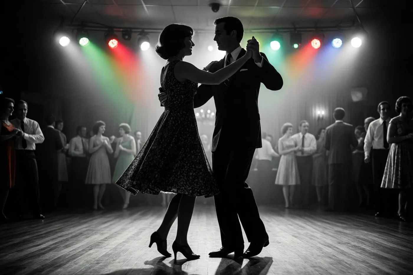 Twee dansers zijn als silhouetten te zien op een houten dansvloer in jarenzestigstijl met andere dansers op de achtergrond, grotendeels in zwart-wit met rode, groene en blauwe spots.