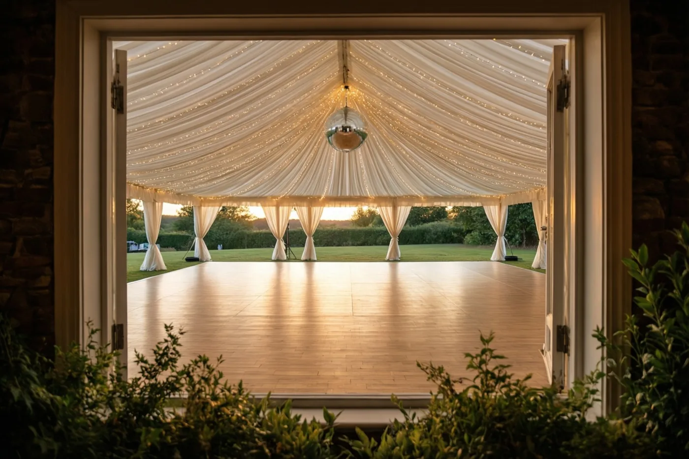 Door een open deuropening is een lege houten dansvloer te zien in een witte feesttent met lichtslingers en een discobal, met groen buiten de tent in de schemering.