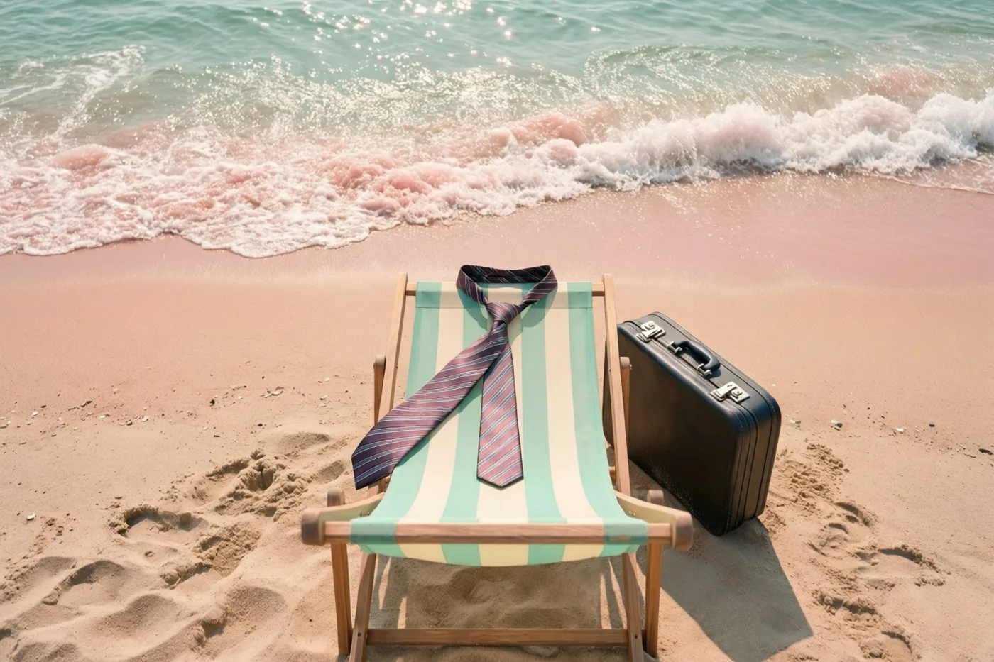 Op een rozeachtig strand staat een gestreepte ligstoel met een das erover en een zwarte aktetas ernaast, tegenover turquoise golven in zacht zonlicht.