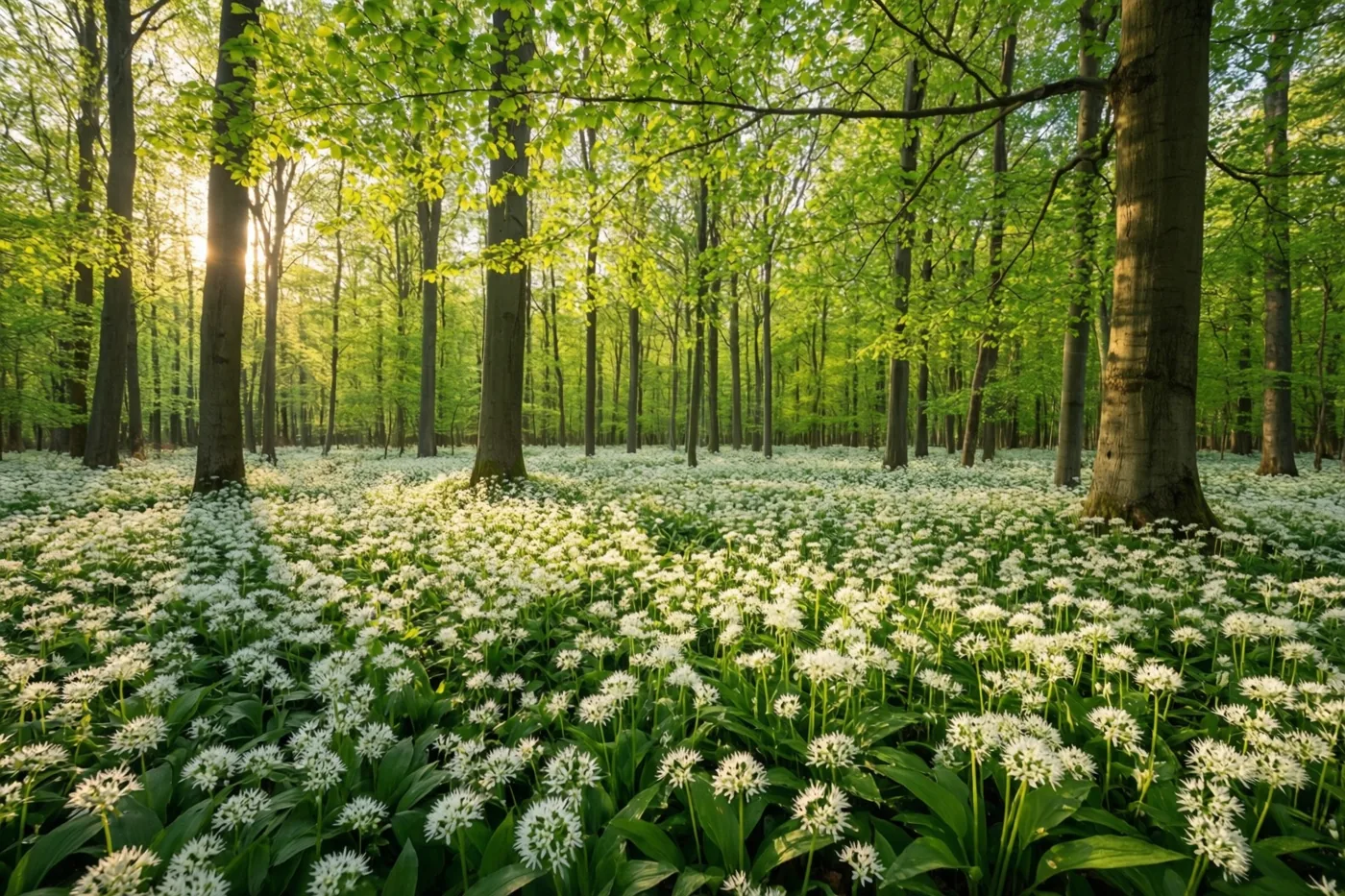 Witte daslookbloemen bedekken een open plek onder hoge beuken met frisgroene bladeren waar warm zonlicht doorheen valt.