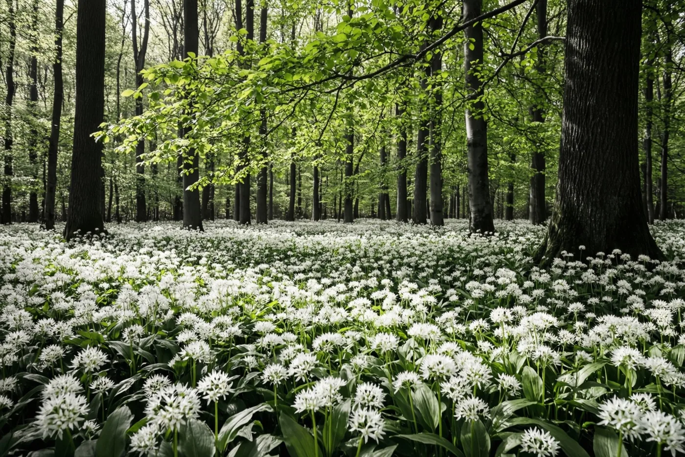 Witte daslookbloemen bedekken een open bosplek onder beuken met jong blad in natuurlijk licht.