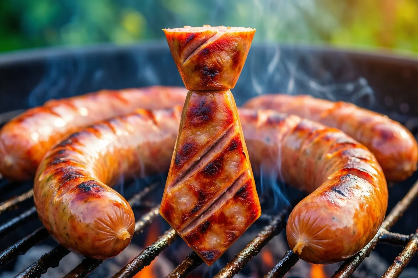 Een worst in de vorm van een das ligt tussen andere worsten op een rokende barbecue buiten.