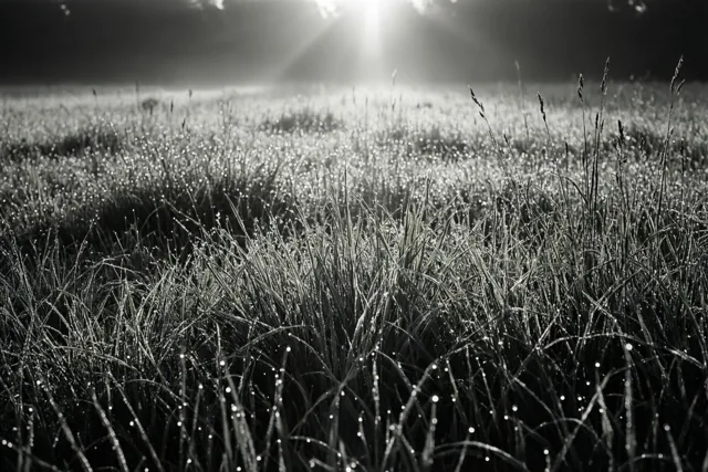 Een zwart-witfoto toont een grasveld met dauwdruppels die glinsteren bij een heldere zonsopgang.