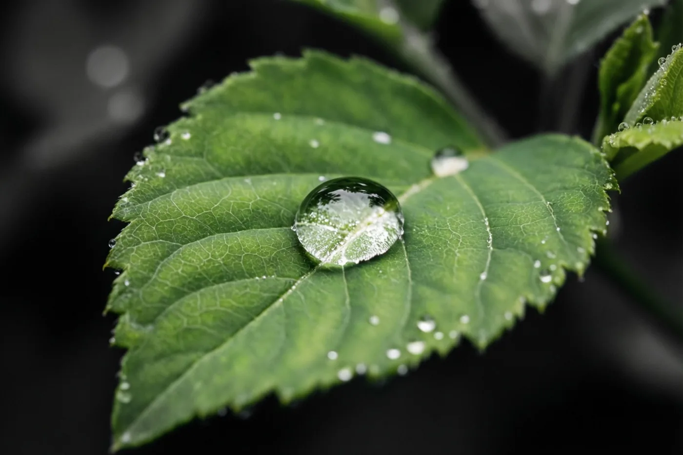 Een dauwdruppel ligt op een felgroen blad met kleinere druppels langs de rand, tegen een donkere, onscherpe achtergrond.