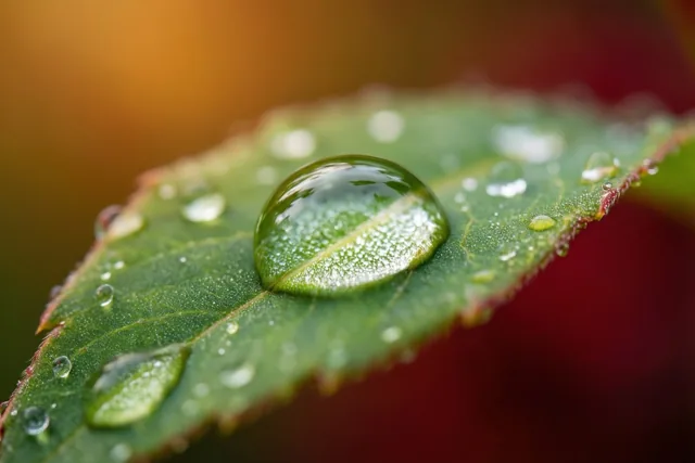 Een grote bolle dauwdruppel ligt met kleinere druppels op een felgroen blad, tegen een onscherpe achtergrond in oranje en dieprode tinten.