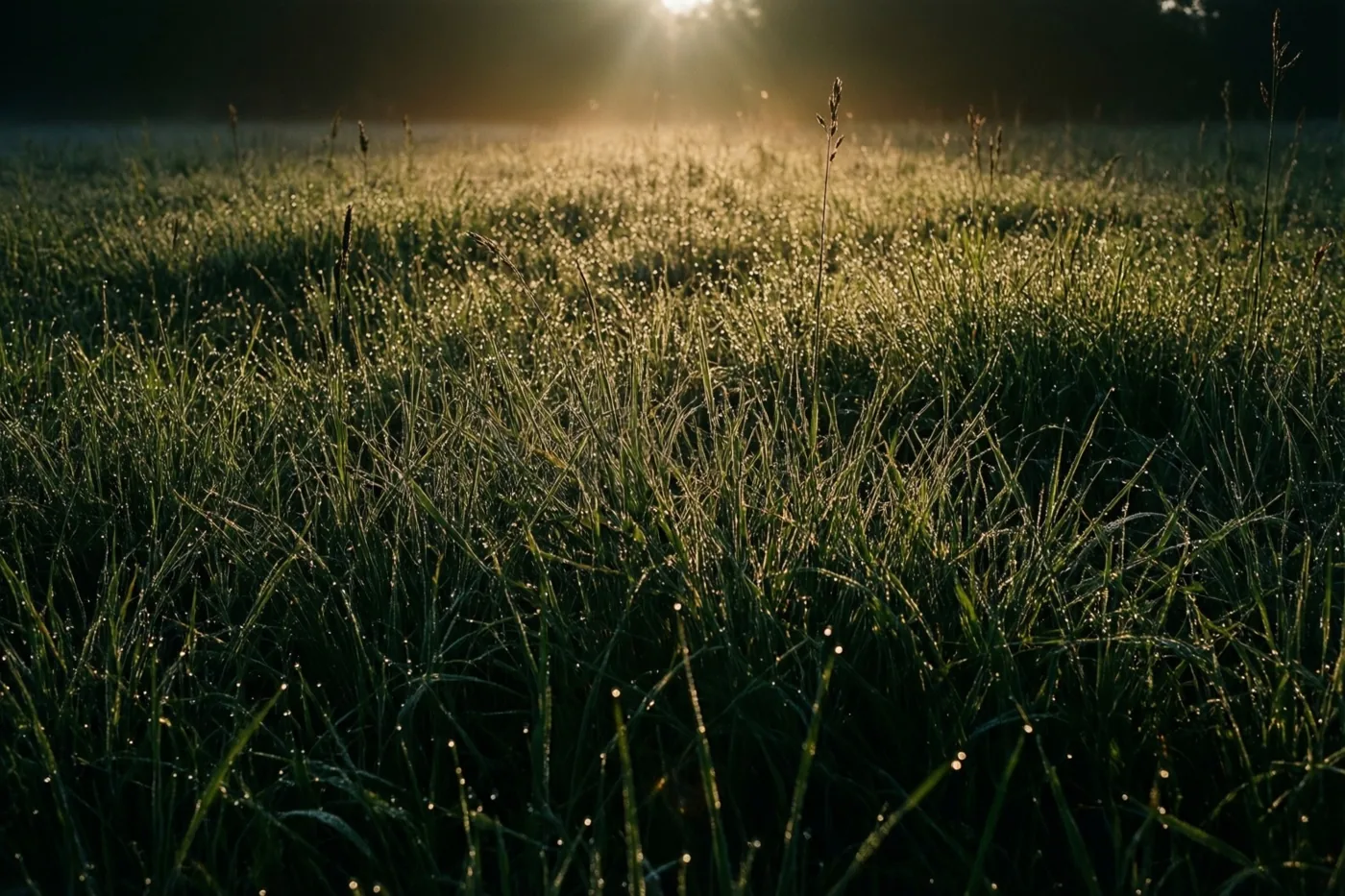 Een close-up toont dauwdruppels op grassprieten in een weide, verlicht door het warme gouden licht van de opkomende zon.