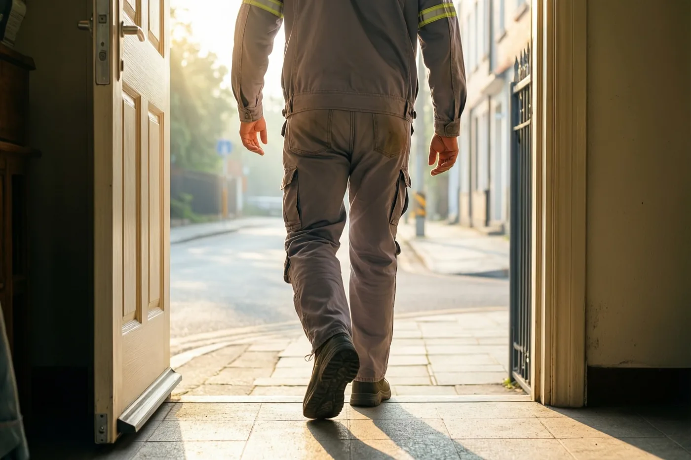 Een persoon in werkkledij stapt met de rug naar de kijker de voordeur uit naar een rustige straat in warm, goudkleurig ochtendlicht.