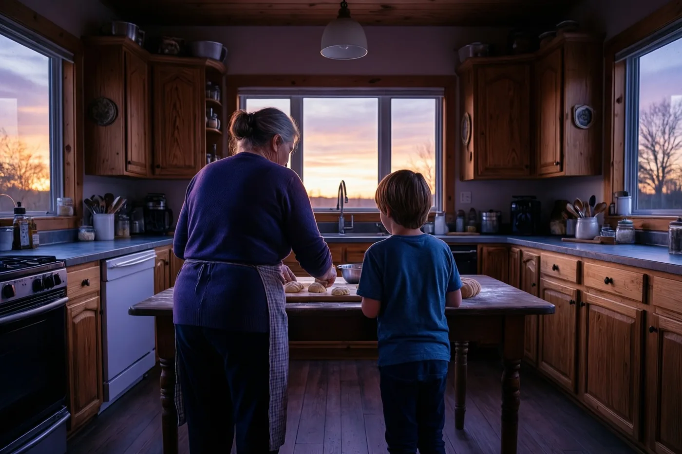 Een oma en een jonge jongen werken met deeg aan een houten tafel in een landelijke keuken, met gouden avondlicht door de ramen.