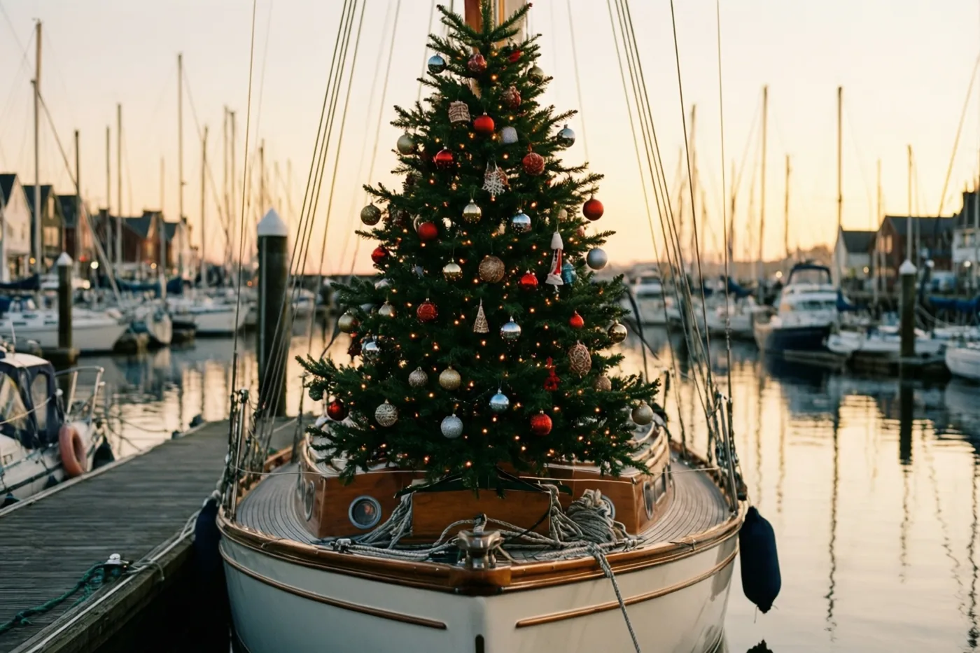 Een versierde kerstboom staat op het dek van een zeilboot die bij schemering in een haven ligt, met andere boten en masten op de achtergrond in warm gouden licht.