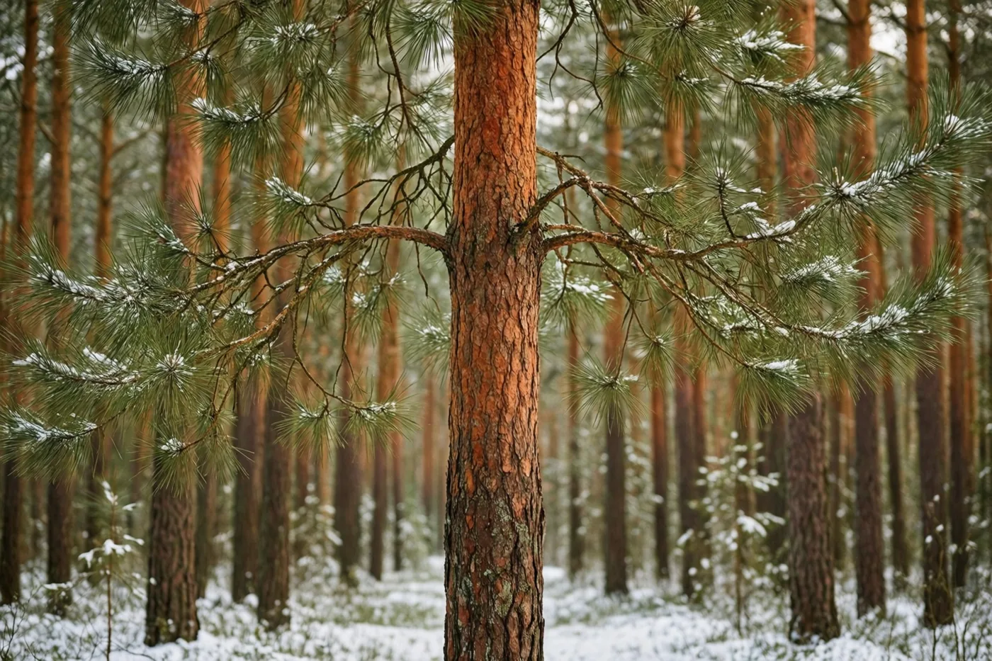 Een hoge den met roodbruine schors en besneeuwde takken staat in een bos met sneeuw op de grond en andere dennen op de achtergrond.