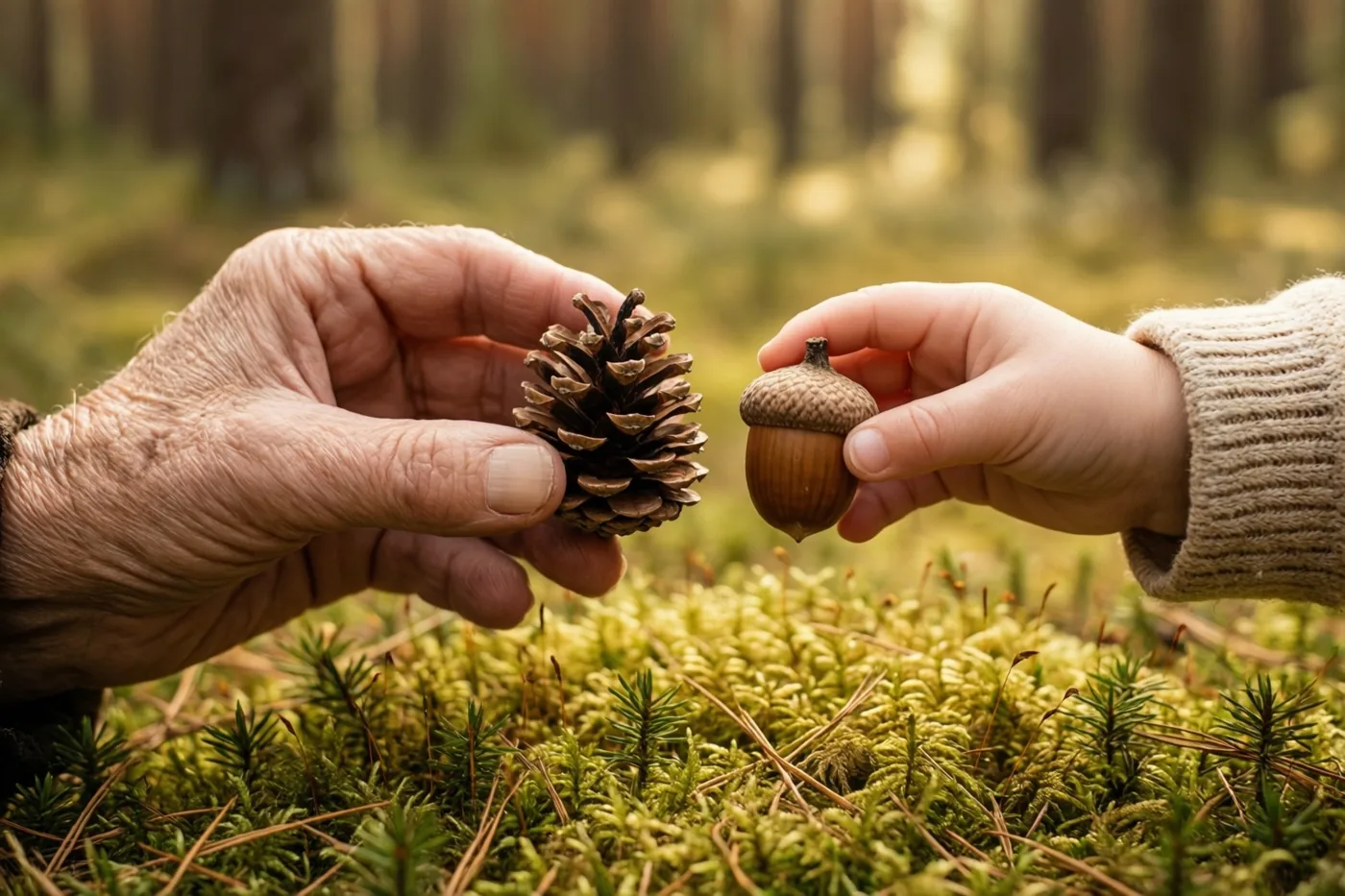 Een oudere hand houdt een dennenappel en een kinderhand een eikel boven een felgroene bemoste bosbodem, met warm natuurlijk licht en een wazig bos op de achtergrond.