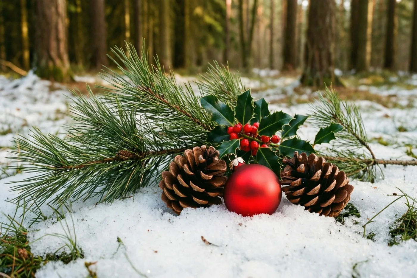 Dennenappels, hulst met rode bessen en een rode kerstbal liggen in verse sneeuw op de bosgrond, met onscherpe boomstammen op de achtergrond.