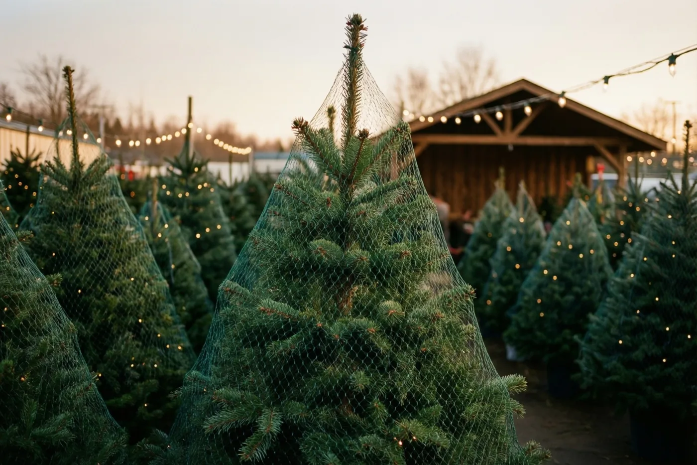 Rijen dennenbomen in netten staan bij schemering onder warme lichtslingers op een verkoopterrein, met een houten hut op de achtergrond.