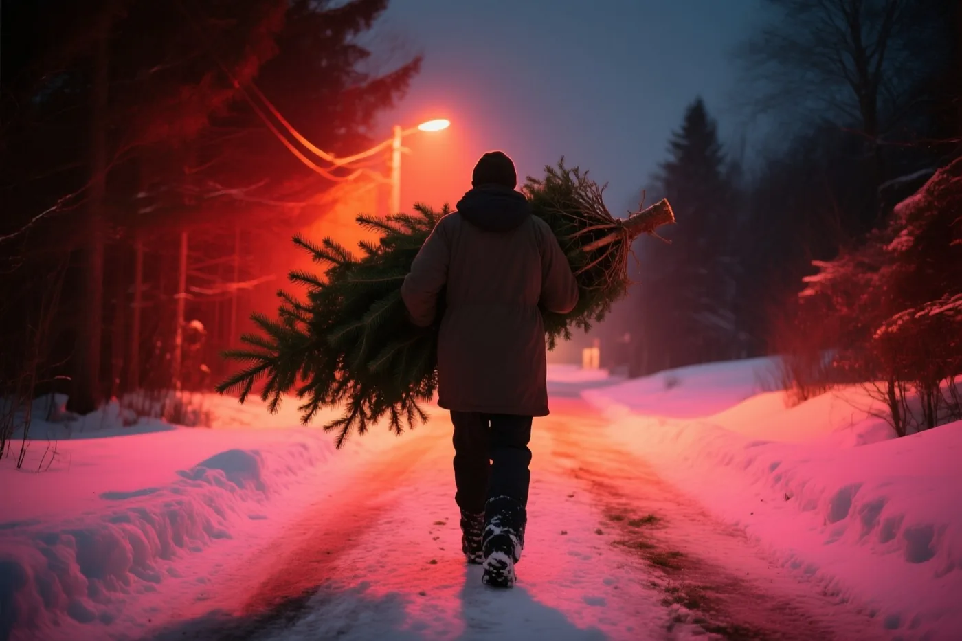 Een persoon draagt met de rug naar de camera een pas gekapte dennenboom over een besneeuwd pad in de schemering, verlicht door het roodoranje licht van een straatlamp.