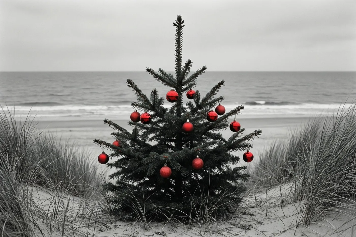 Een kleine dennenboom met rode kerstballen staat in zandduinen, met een grijze zee onder een bewolkte hemel op de achtergrond.
