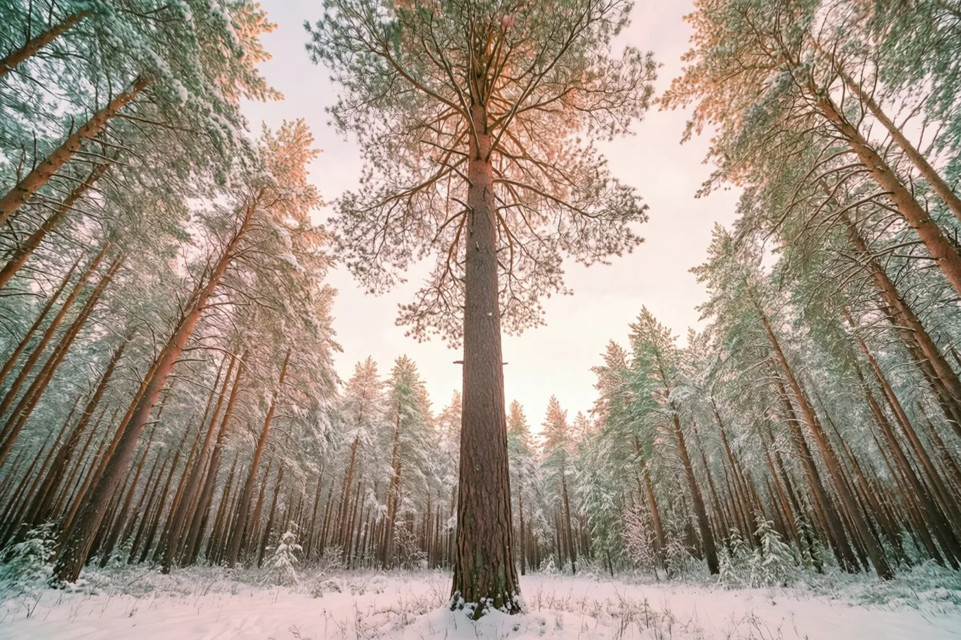 Een hoge den staat centraal tussen besneeuwde bomen onder een zacht oplichtende hemel, met witte sneeuw, groene naalden en warm gouden licht.