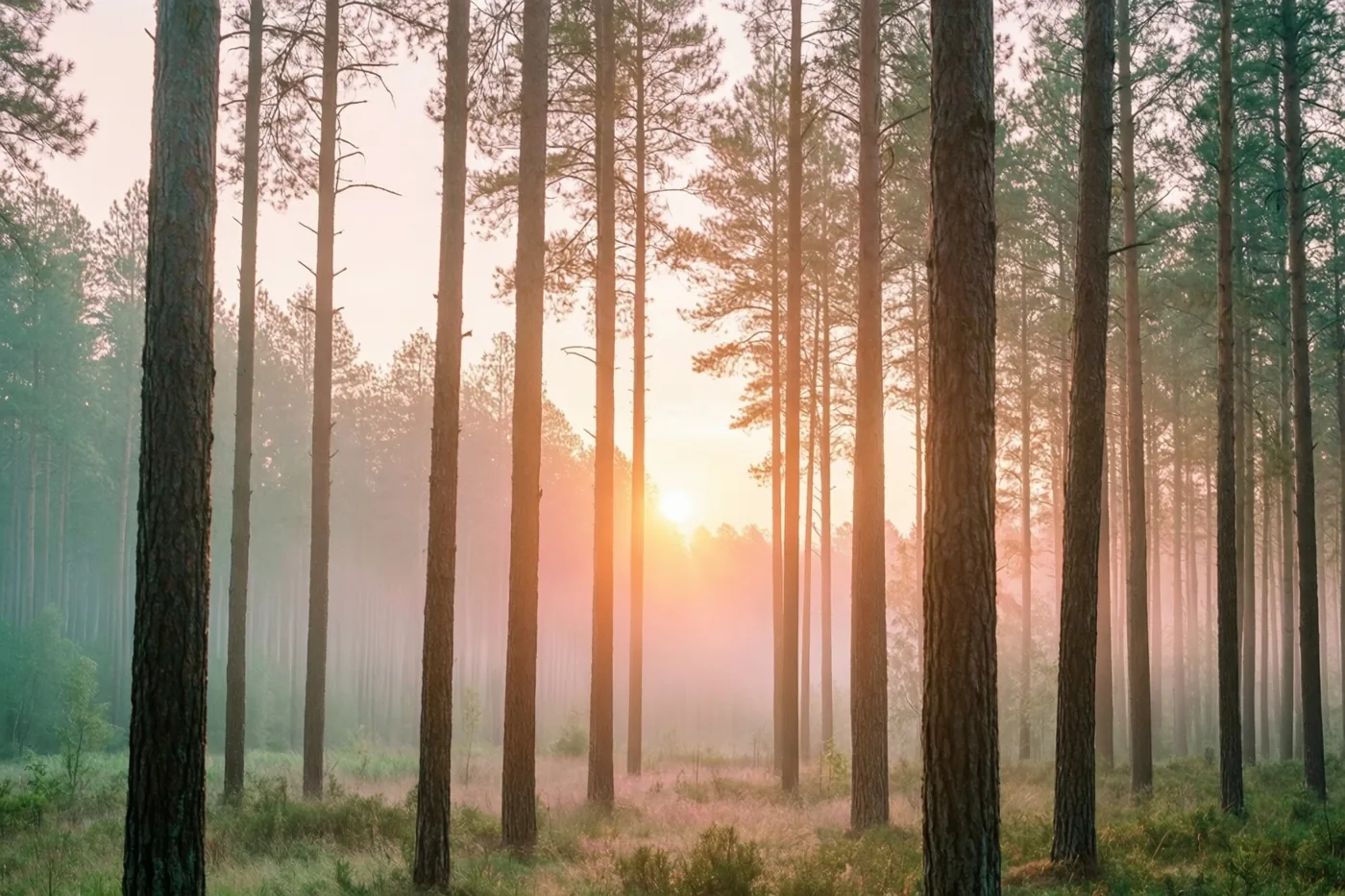 Tussen hoge dennenstammen in een mistig bos is de opkomende zon te zien, met warme oranje en roze tinten naast het groen en bruin van het bos.