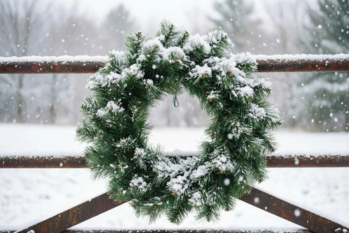 Een besneeuwde krans van dennentakken hangt aan een roestig metalen boerderijhek in een landschap met vallende sneeuw.