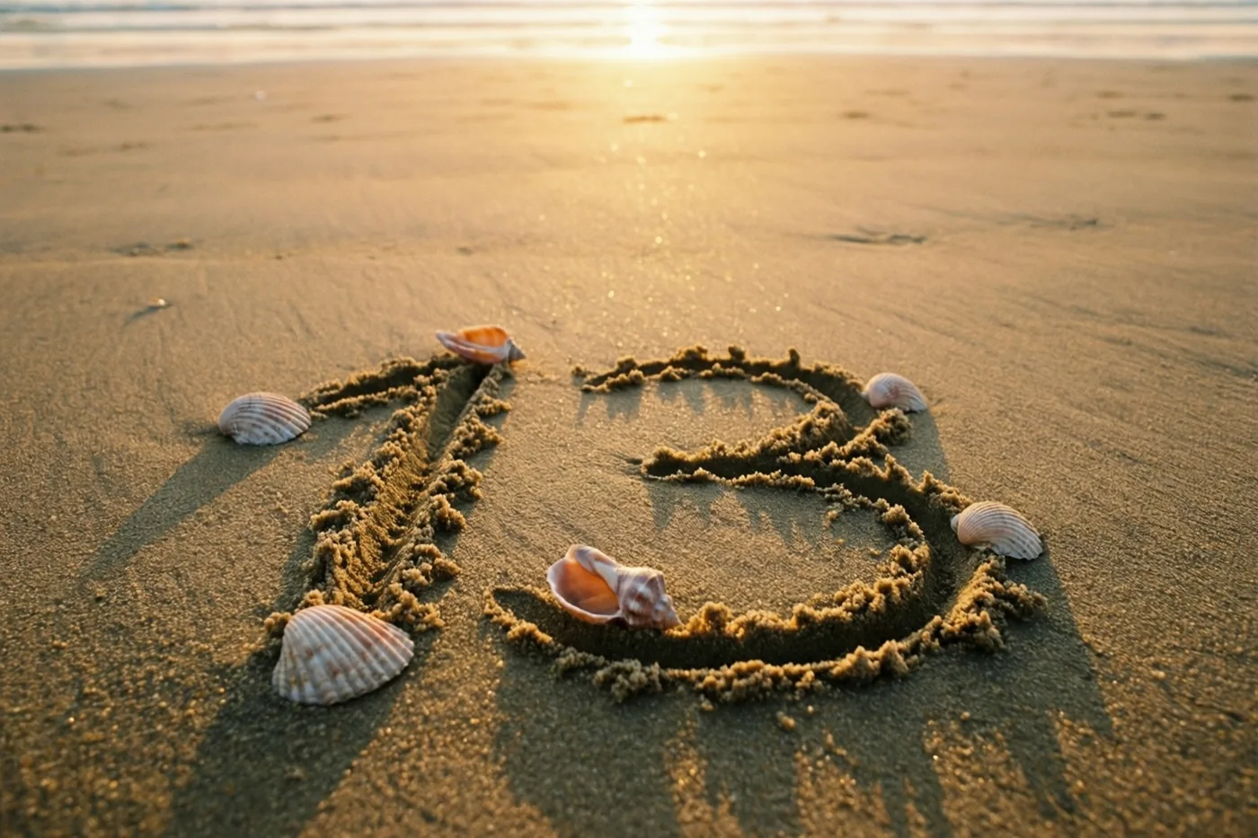 Het getal 13 is in het strandzand getekend tussen schelpen, met een kalme zee op de achtergrond in het gouden licht van de zonsondergang.