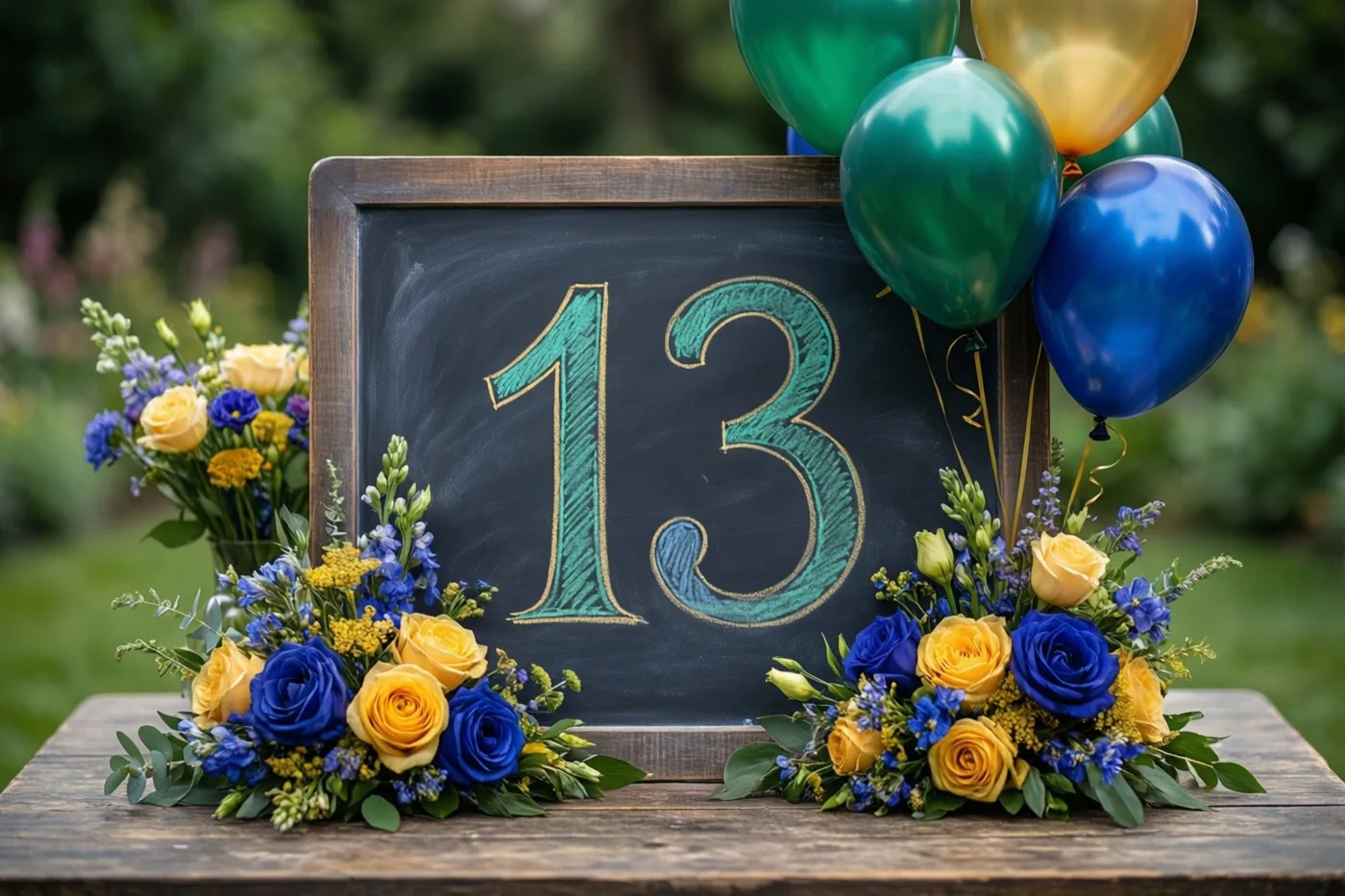 Een krijtbord met 13 in blauwgroen krijt staat op een houten tafel tussen blauwe en gele bloemen en ballonnen in een tuin met een onscherpe groene achtergrond.