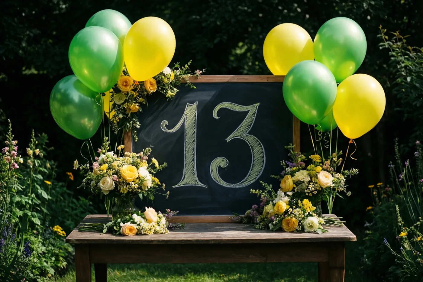 Een krijtbord met een sierlijk geschreven 13 staat op een houten tuintafel tussen groene en gele ballonnen en bloemstukken in een weelderige tuin.