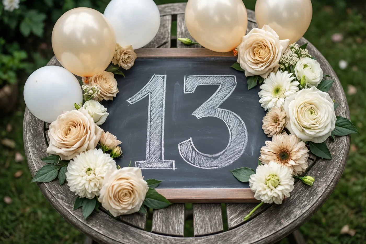 Een krijtbord met 13 in wit krijt staat op een houten tuintafel tussen roomwitte en witte rozen, madeliefjes en witte en champagnekleurige ballonnen op een grasveld.