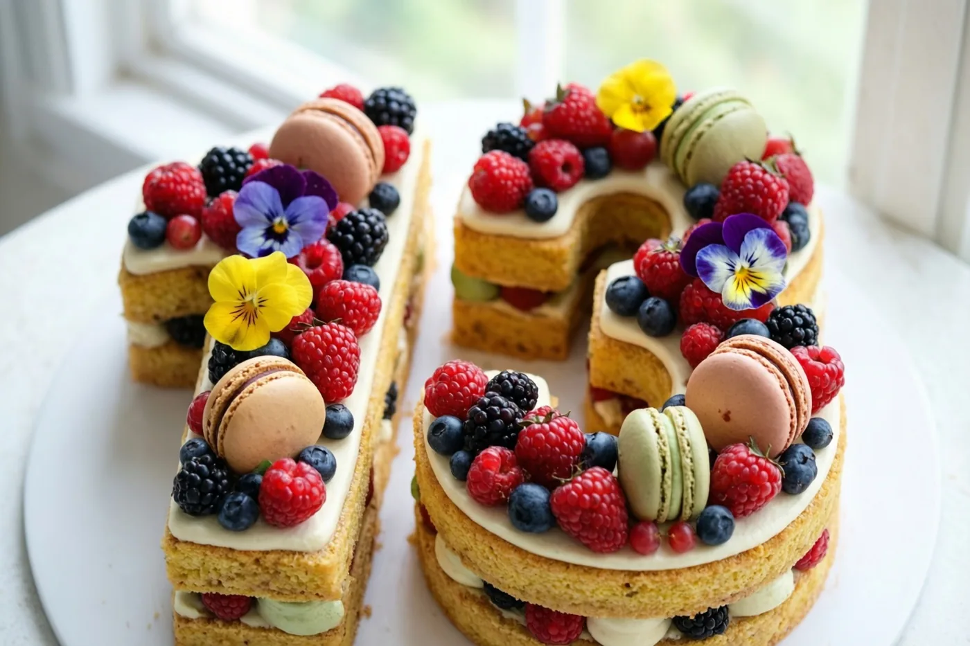 Een taart in de vorm van 13 met frambozen, bramen, blauwe bessen, macarons en eetbare bloemen staat op een wit bord bij een raam in daglicht.