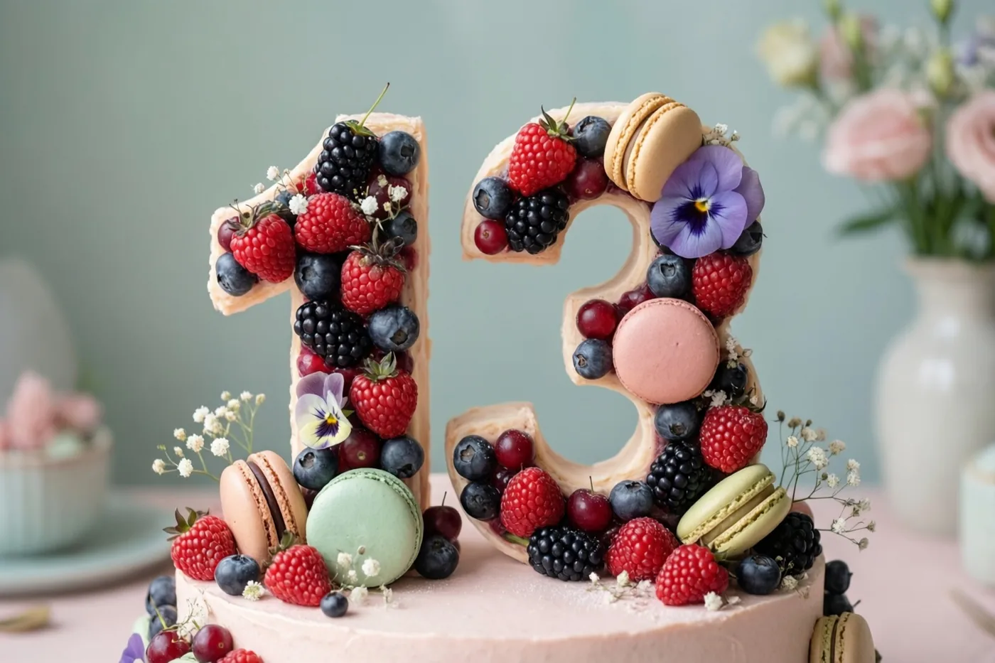 Een taart in de vorm van 13 is versierd met frambozen, bramen, blauwe bessen, macarons en eetbare bloemen op een roze ondergrond, met onscherpe bloemen op de achtergrond.