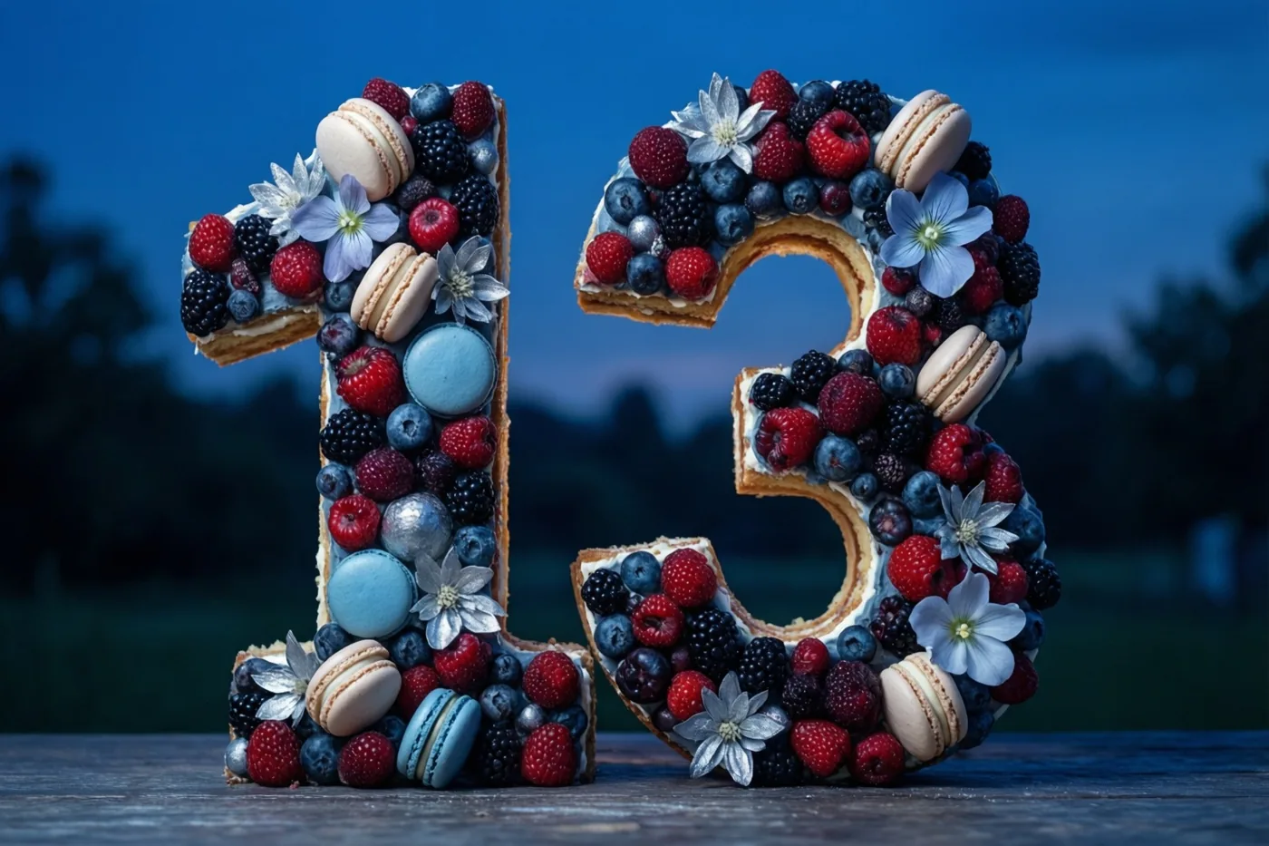Een taart in de vorm van 13 met bessen, macarons en eetbare bloemen staat tegen een donkerblauwe schemerachtergrond.