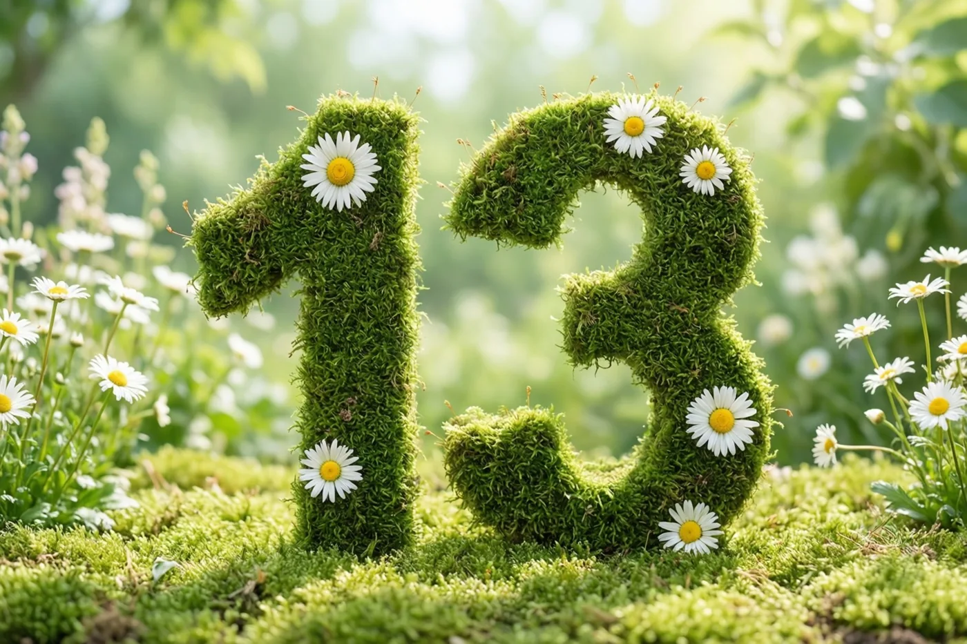Een met mos begroeide groene haag vormt 13 en is versierd met witte madeliefjes in een landelijke tuin, met onscherp groen en meer madeliefjes op de achtergrond.