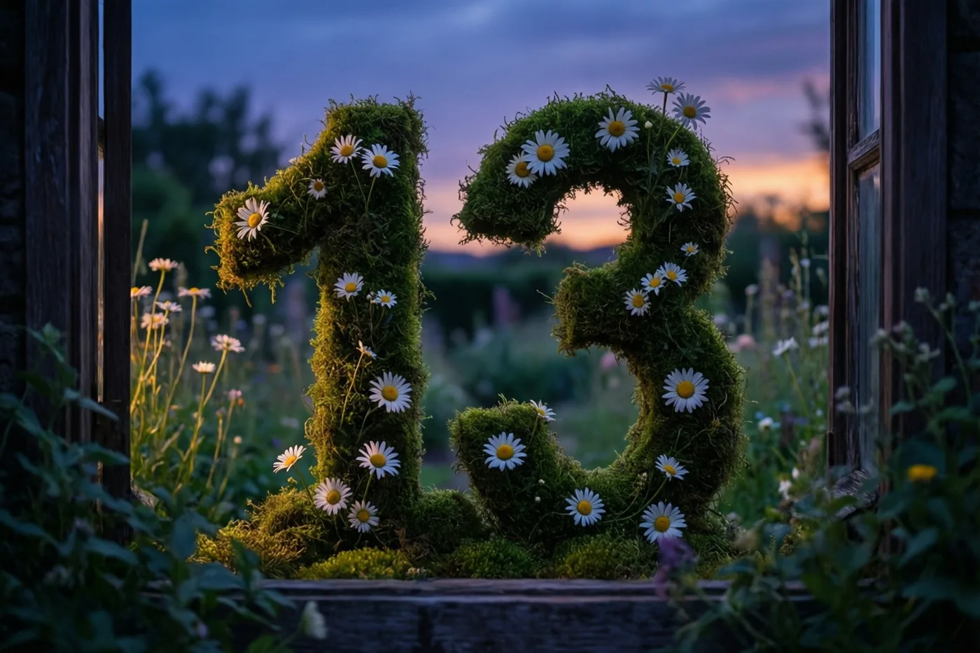 Door een open raam is 13 van mos met madeliefjes te zien in een landelijke tuin bij schemering, onder een paarsoranje hemel met groen en veldbloemen eromheen.