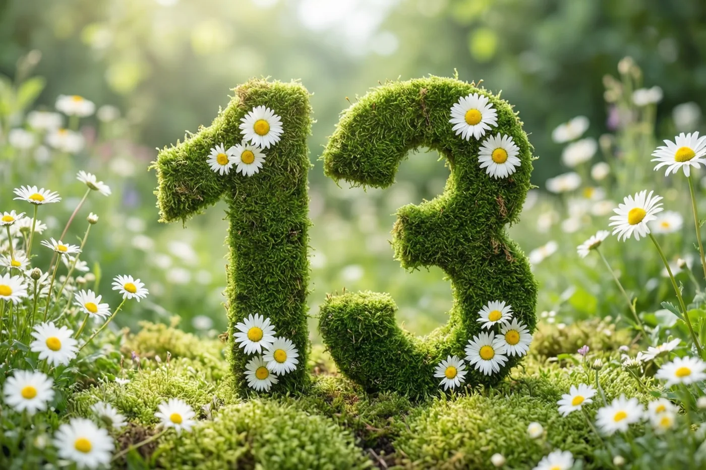 Het getal 13 van groen mos is versierd met witte madeliefjes in een landelijke tuin, met onscherpe bloemen en bladeren op de achtergrond.