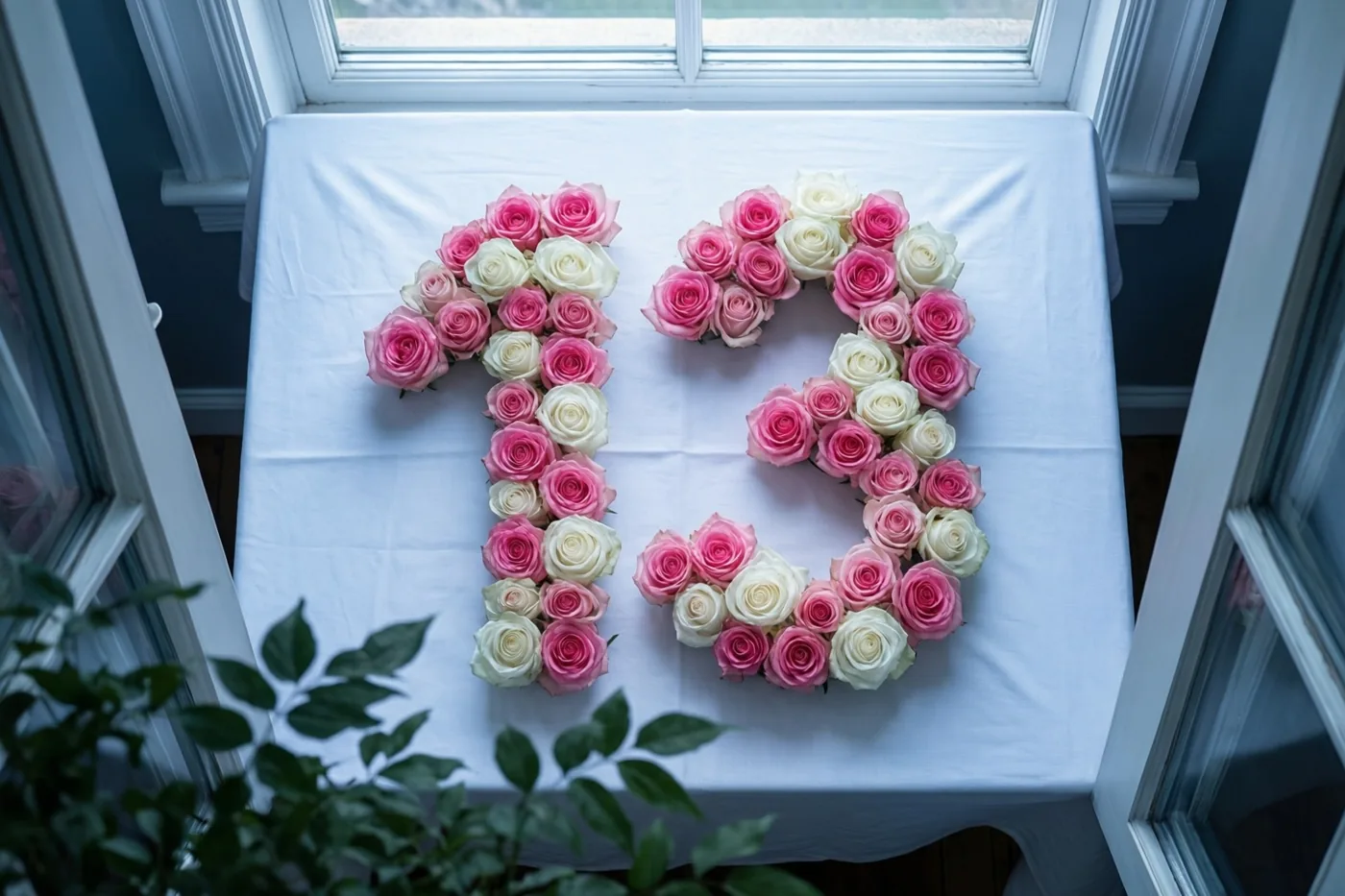 Roze en witte rozen vormen 13 op een wit tafelkleed bij een raam in natuurlijk licht, van bovenaf gezien.
