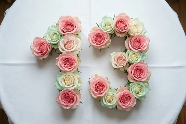 Roze en witte rozen vormen 13 op een wit tafelkleed, van bovenaf gezien, met roomkleurige en lichtgroene tinten tussen de bloemen.