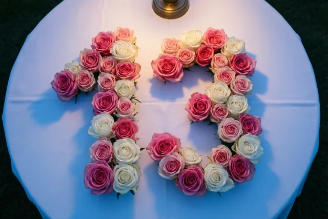 Roze en witte rozen vormen 13 op een wit tafelkleed buiten op het gras, van bovenaf gezien.