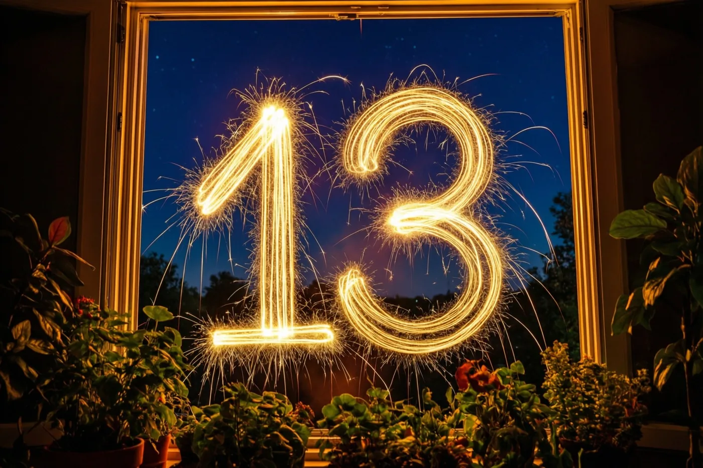 Door een raam met kamerplanten zijn gouden lichtsporen van sterretjes te zien die 13 vormen tegen een donkere nachthemel.