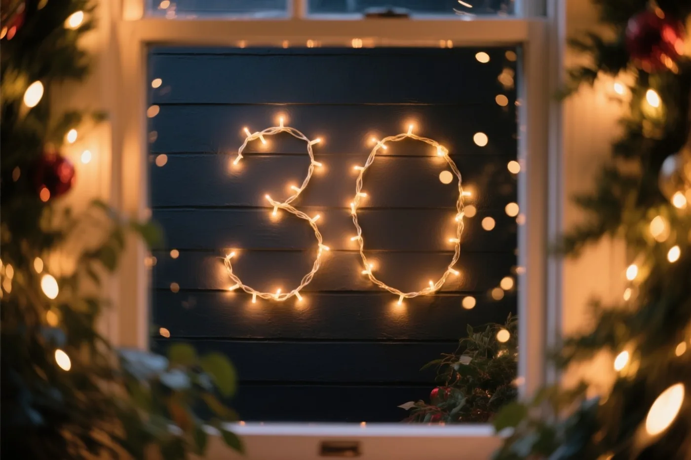 Door een raamkozijn met groen en feestlichtjes is het getal 30 van lichtjes op een donkere houten wand te zien.