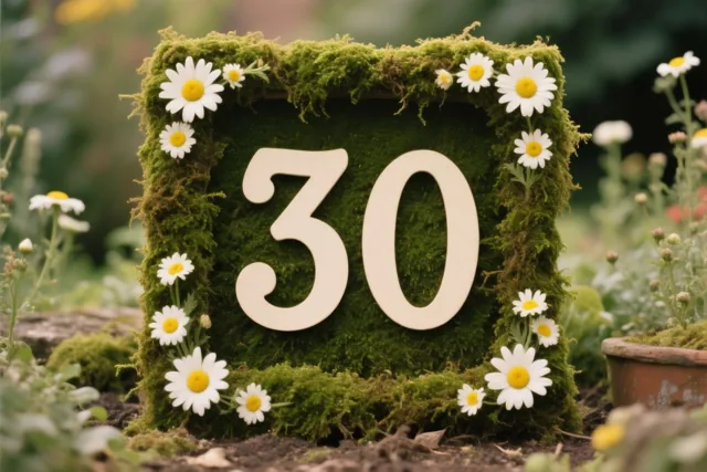 Een vierkante moslijst met madeliefjes toont het getal 30 in een rustieke tuin met groen, wit en geel als hoofdkleuren.