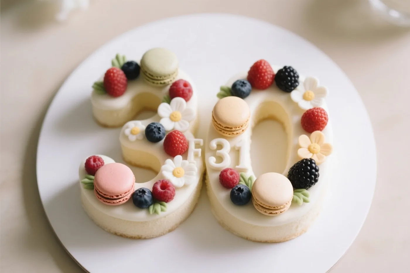Een taart in de vorm van 30 is versierd met frambozen, bramen, blauwe bessen, macarons en eetbare bloemen op een wit bord tegen een zachte, neutrale achtergrond.