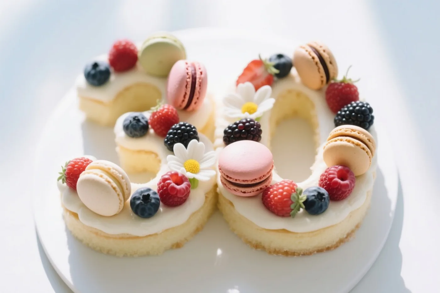 Op een wit bord ligt een taart in de vorm van 30 met bessen, macarons en eetbare bloemen in helder, zacht licht.