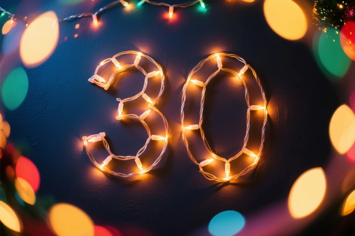 Het getal 30 van warme lichtjes staat tegen een donkere muur met structuur, omringd door wazige gekleurde feestlichtjes.