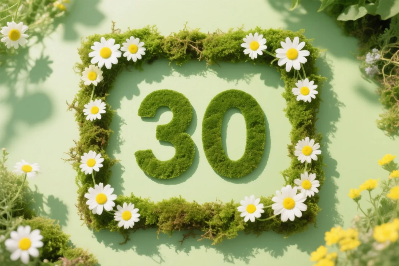 Het getal 30 is gevormd uit groen mos en omlijst met een mosrand en witte madeliefjes tegen een lichtgroene achtergrond.