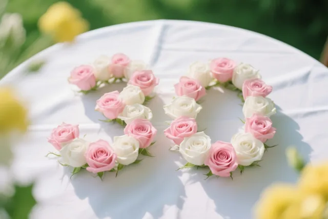 Roze en witte rozen vormen 30 op een wit tafelkleed, van bovenaf gefotografeerd met wazige groene en gele bloemen op de achtergrond.