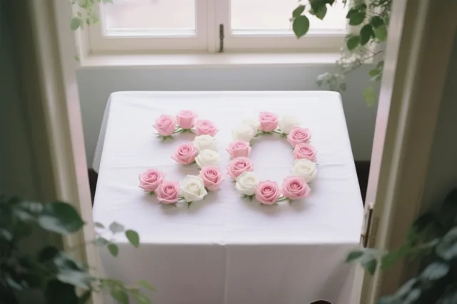 Van bovenaf gezien vormen roze en witte rozen het getal 30 op een wit tafelkleed, met groen langs de randen en zacht licht uit een raam.