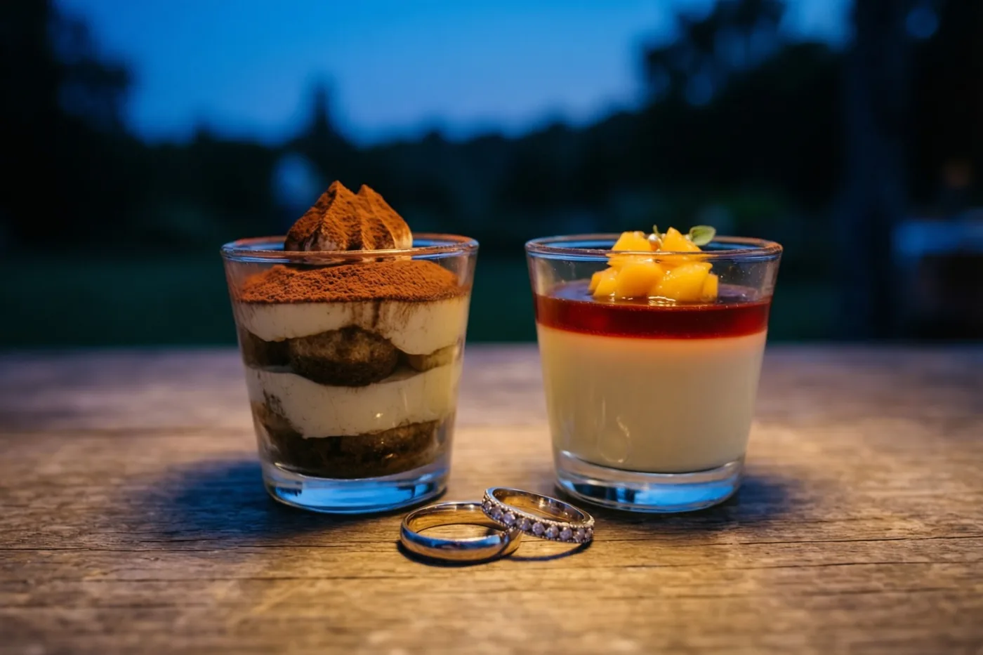 Een glaasje tiramisu en een glaasje panna cotta staan naast twee trouwringen op een houten tafel buiten, met een blauwe avondhemel en onscherpe bomen op de achtergrond.