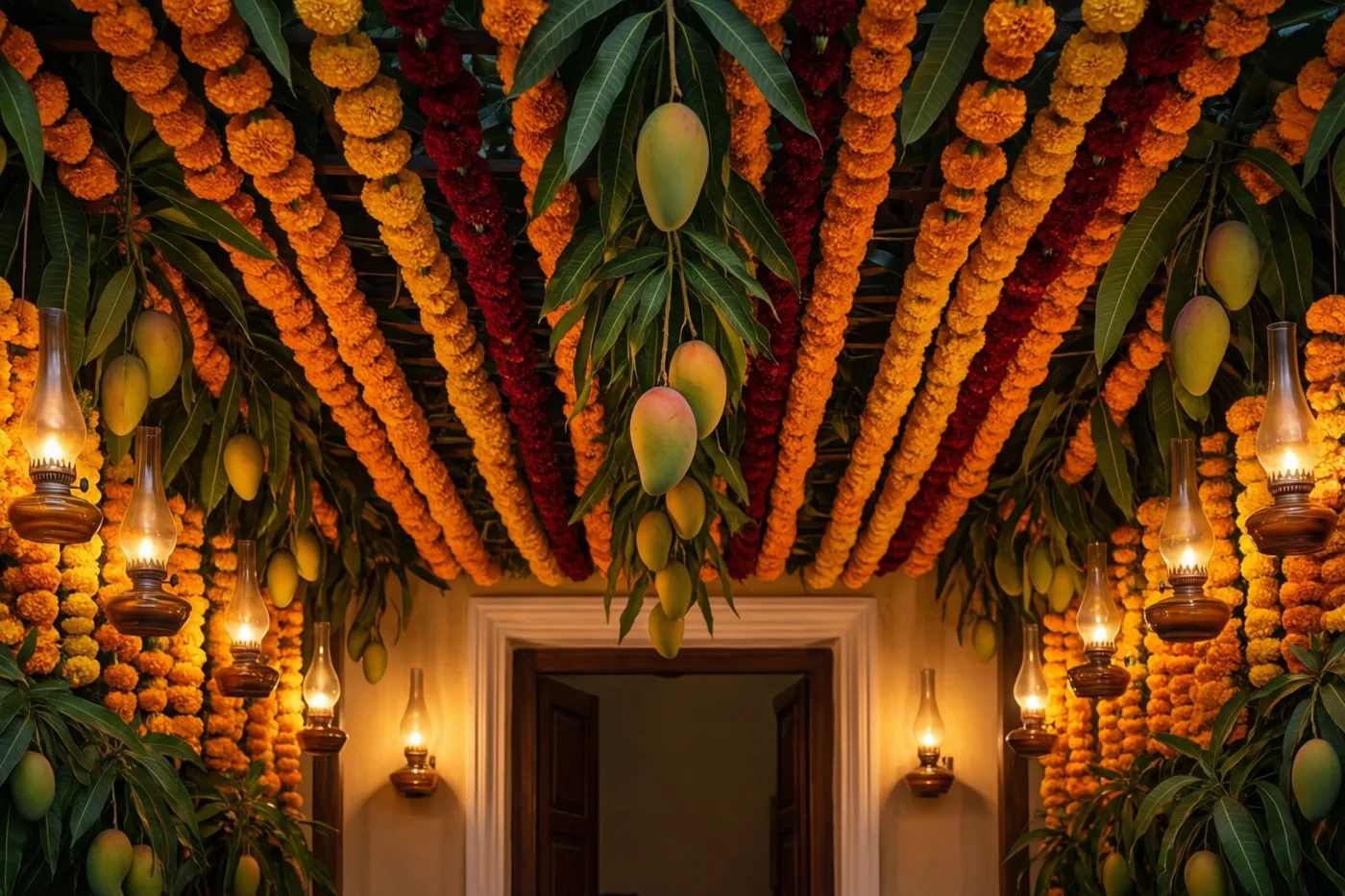 Een deuropening is omlijst met hangende slingers van afrikaantjes en mangobladeren, verlicht door warm brandende olielampen in rijke oranje, rode en groene tinten.