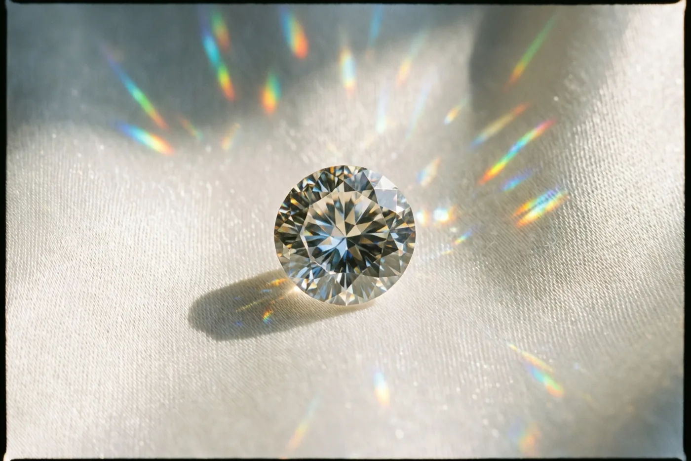 Een rond geslepen diamant ligt op witte zijde met regenboogkleurige lichtpuntjes eromheen, in een zacht verlicht beeld met een eenvoudige rand.