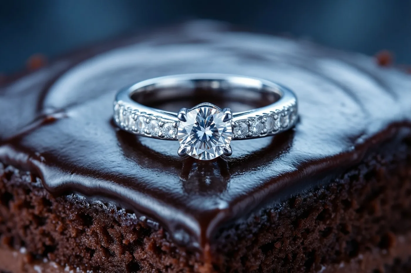 Een ring met een centrale diamant en kleinere diamanten eromheen ligt op een chocoladetaart met glanzende ganache, tegen een donkere wazige achtergrond.