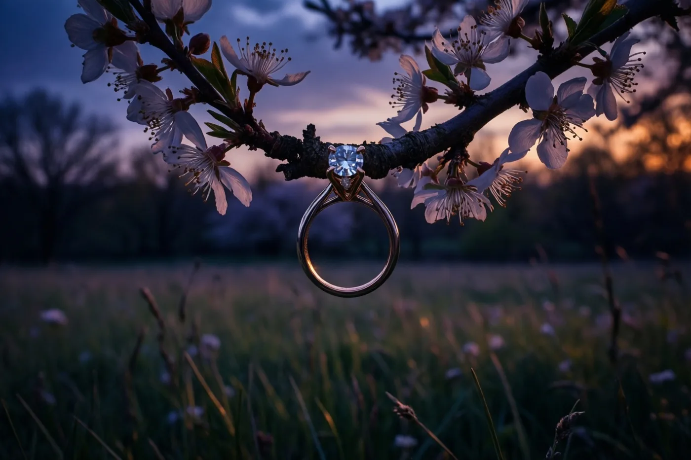 Een verlovingsring met een grote centrale diamant hangt aan een bloeiende boomtak boven een onscherpe weide in paarse, blauwe en gouden avondtinten.